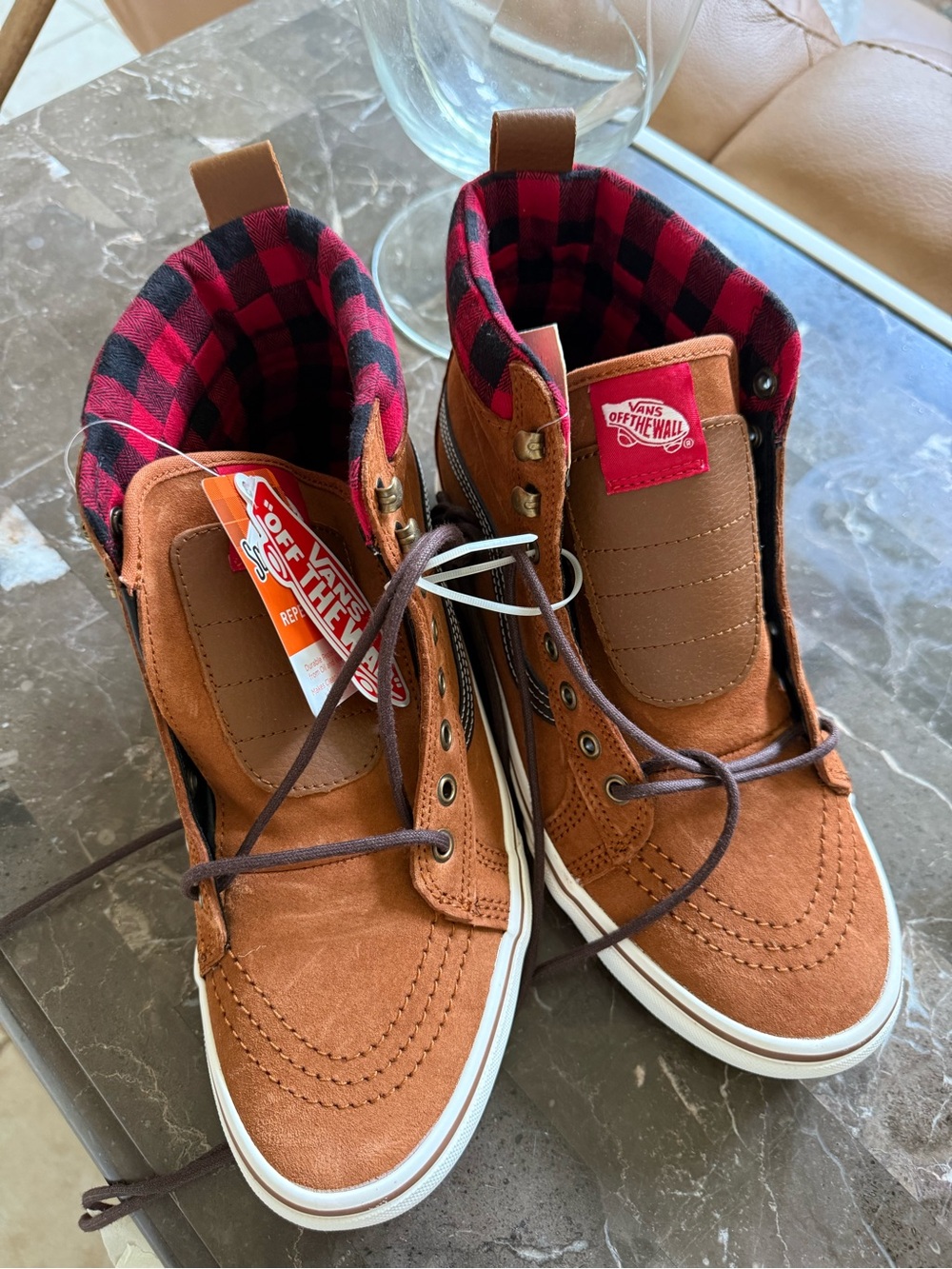 Vans Brown Suede High-Top Sneakers with Red Plaid Lining